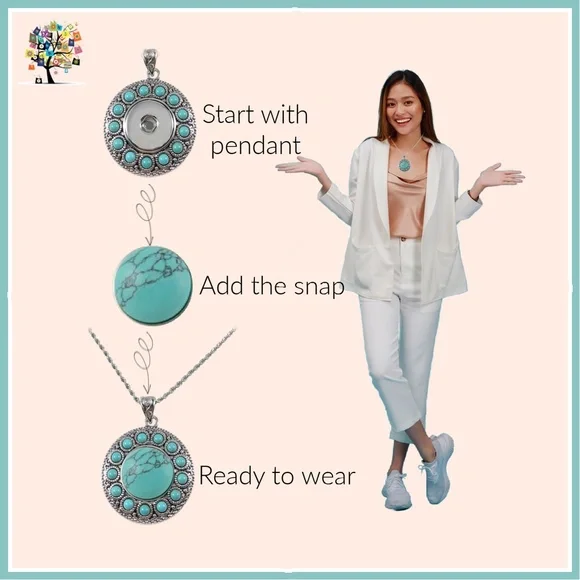 Snap Charm Pendant Necklace with Stainless Steel Chain and Turquoise Snap - Picture 7 of 8
